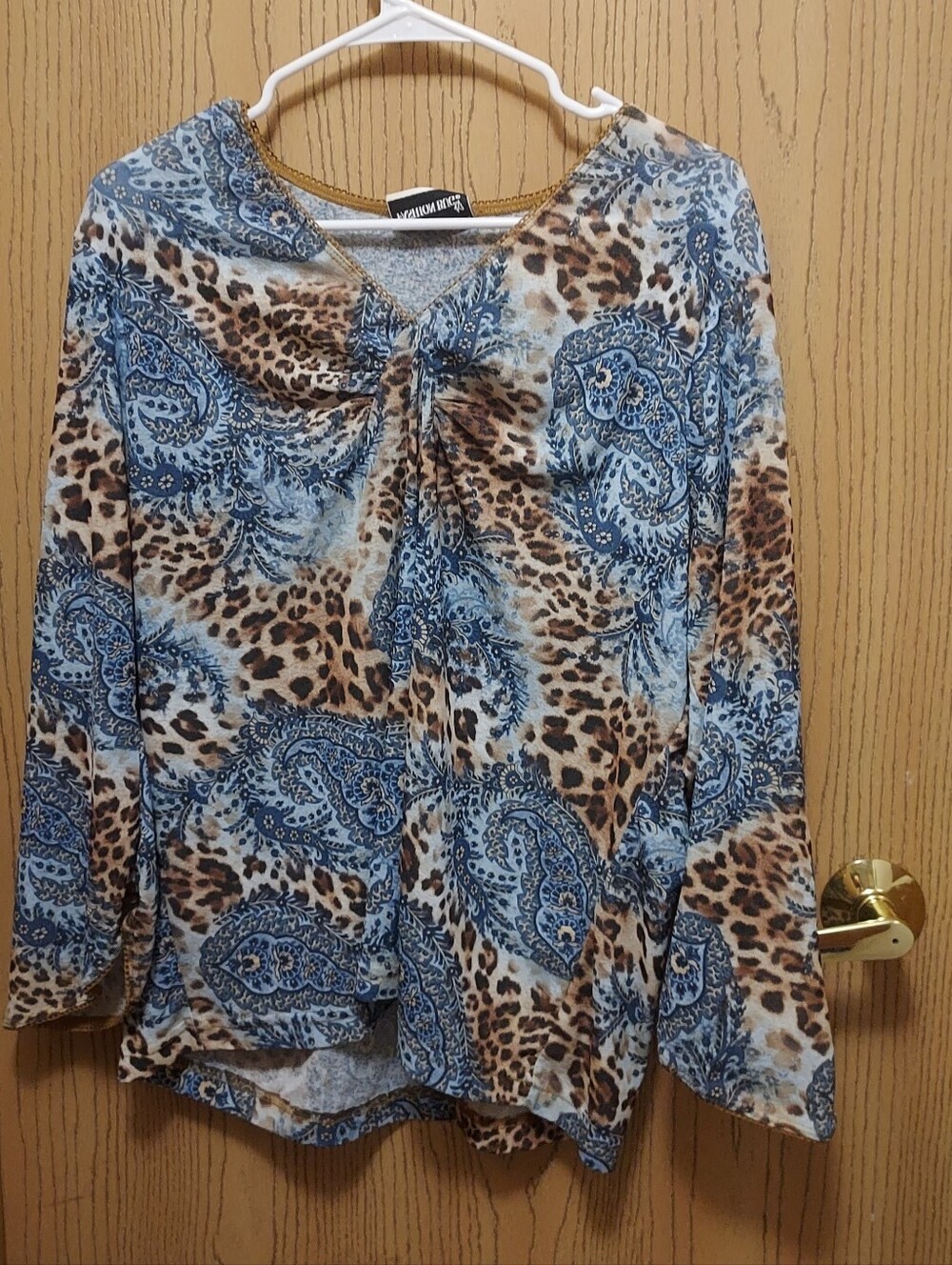 Fashion Bug Blue and Brown Paisley-Leopard Tie-Neck Tunic